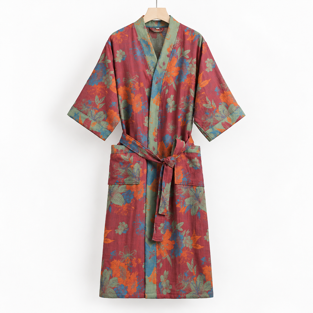 Soft kimono bathrobe for women with floral print and belt
