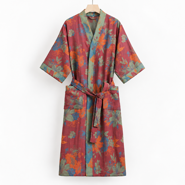 Soft kimono bathrobe for women with floral print and belt