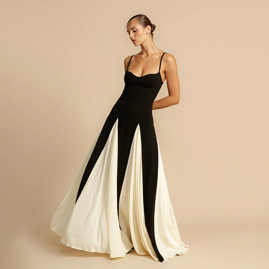 Elegante Dames Galajurk Maxi Jurk Met Spaghettibandjes En Tweekleurig