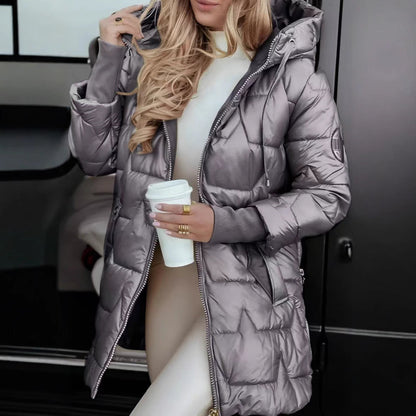 Dames Warme Midi Puffer Jas met Capuchon en Zakken