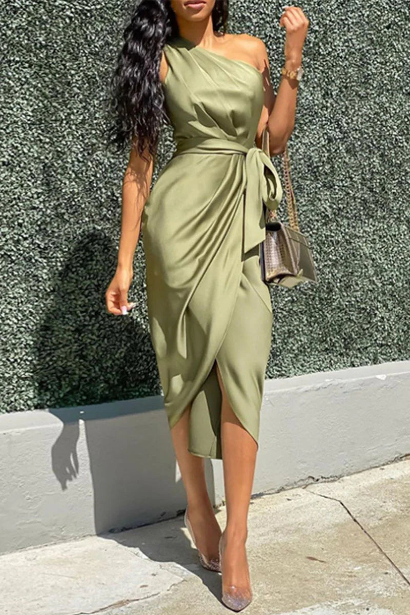 Xess | Galajurk Satijnen Maxi-jurk met Één Schouder