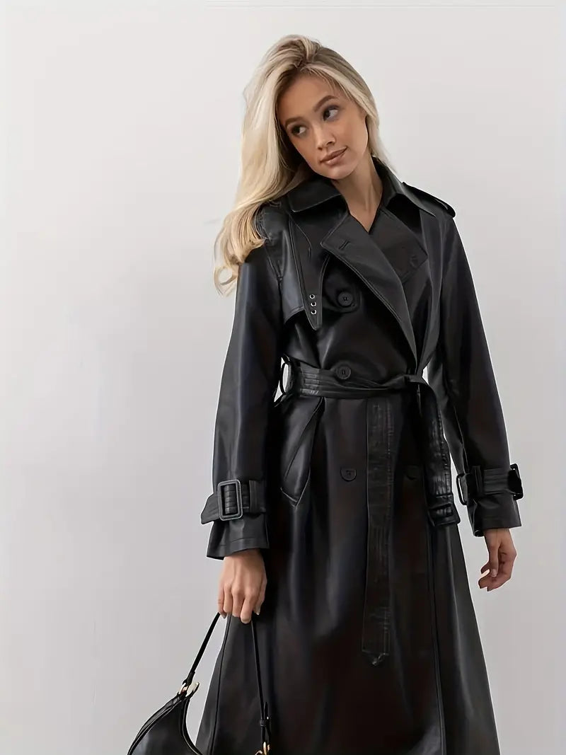 Stijlvolle Leren Dames Trenchcoat met Ceintuur