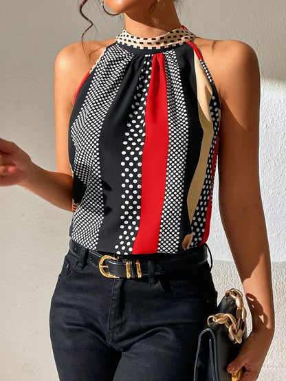 Jolien | Haltertop met Retro Print en Ruches