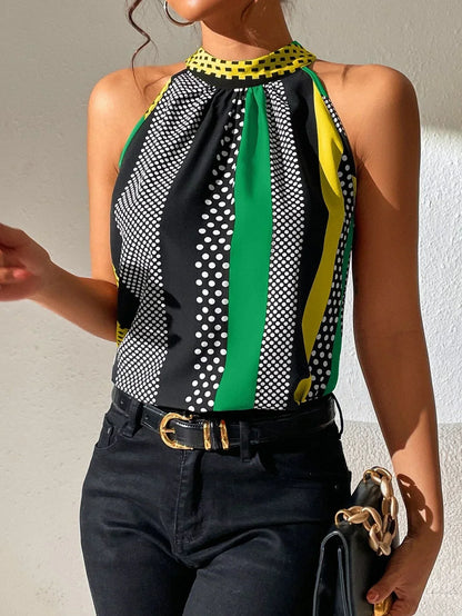 Jolien | Haltertop met Retro Print en Ruches
