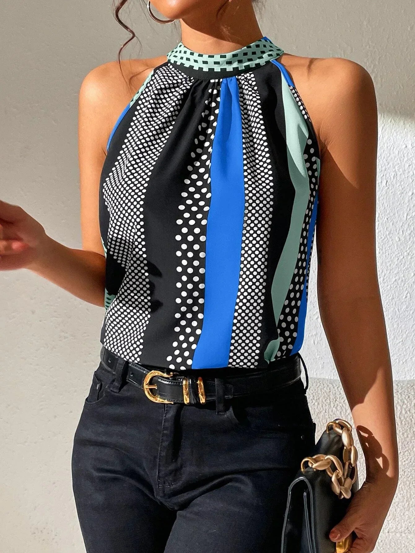 Jolien | Haltertop met Retro Print en Ruches
