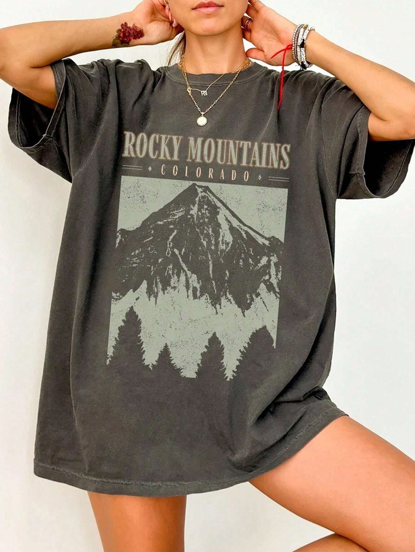 Oversized Dames T-Shirt Met Vintage Rocky Mountains Print