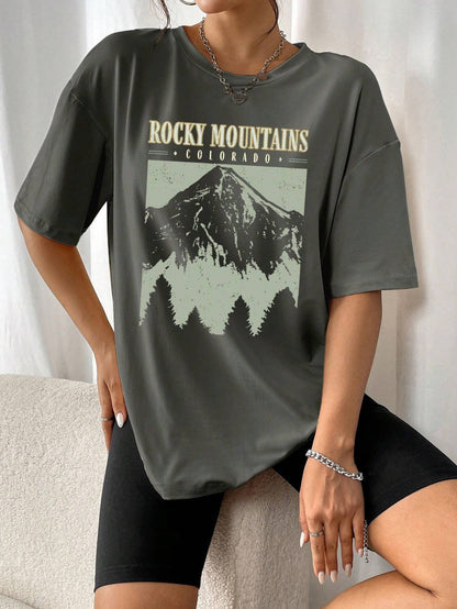 Oversized Dames T-Shirt Met Vintage Rocky Mountains Print