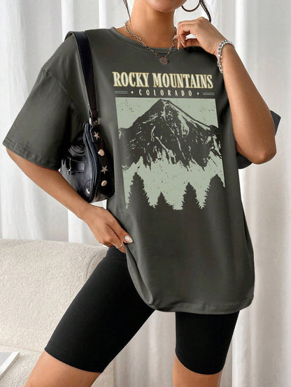 Oversized Dames T-Shirt Met Vintage Rocky Mountains Print