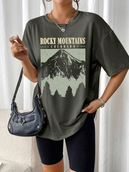 Oversized Dames T-Shirt Met Vintage Rocky Mountains Print