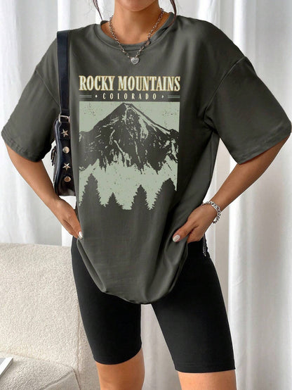 Oversized Dames T-Shirt Met Vintage Rocky Mountains Print