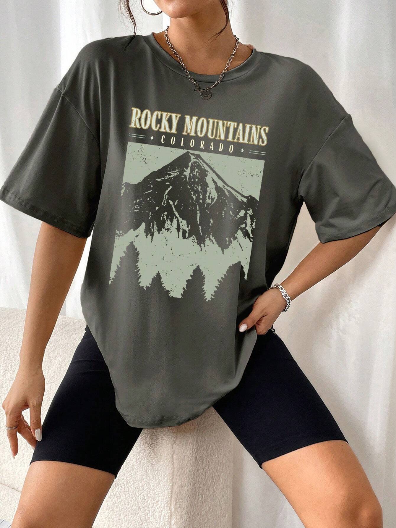 Oversized Dames T-Shirt Met Vintage Rocky Mountains Print
