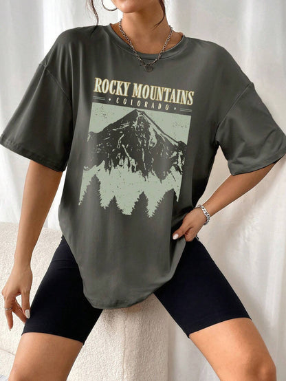 Oversized Dames T-Shirt Met Vintage Rocky Mountains Print
