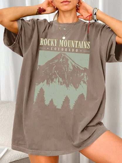 Oversized Dames T-Shirt Met Vintage Rocky Mountains Print
