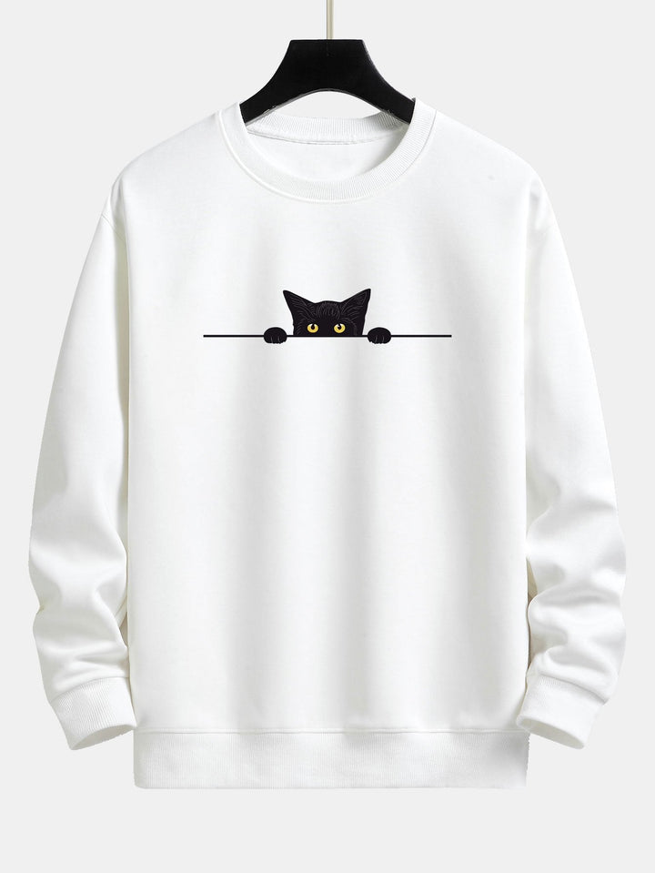 Relaxte Dames Sweater met Kattenprint en Geribde Boorden
