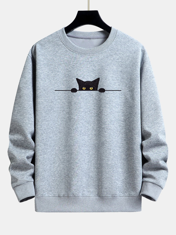 Relaxte Dames Sweater met Kattenprint en Geribde Boorden