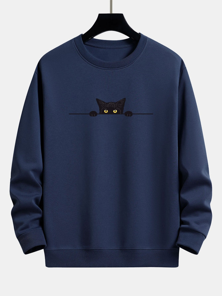 Relaxte Dames Sweater met Kattenprint en Geribde Boorden