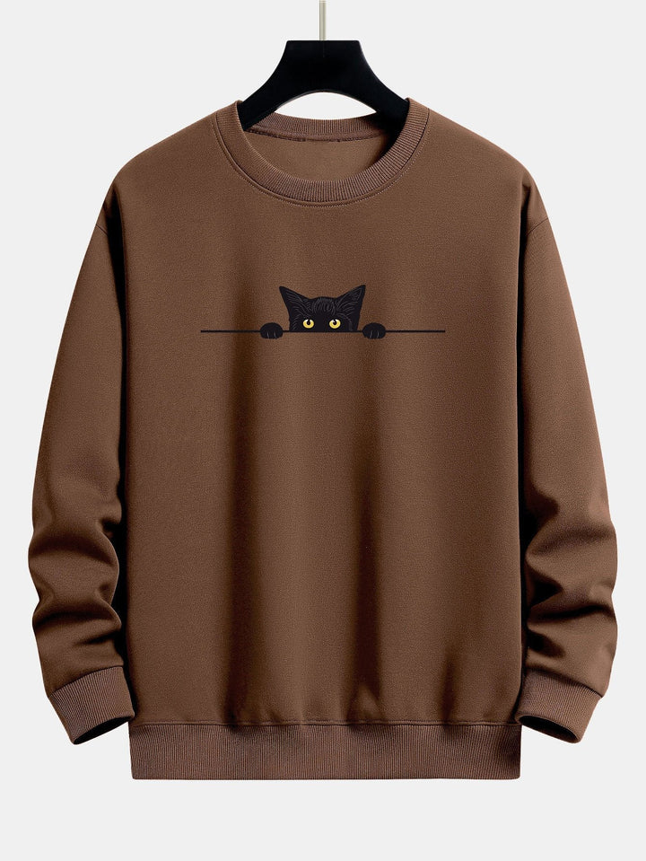 Relaxte Dames Sweater met Kattenprint en Geribde Boorden