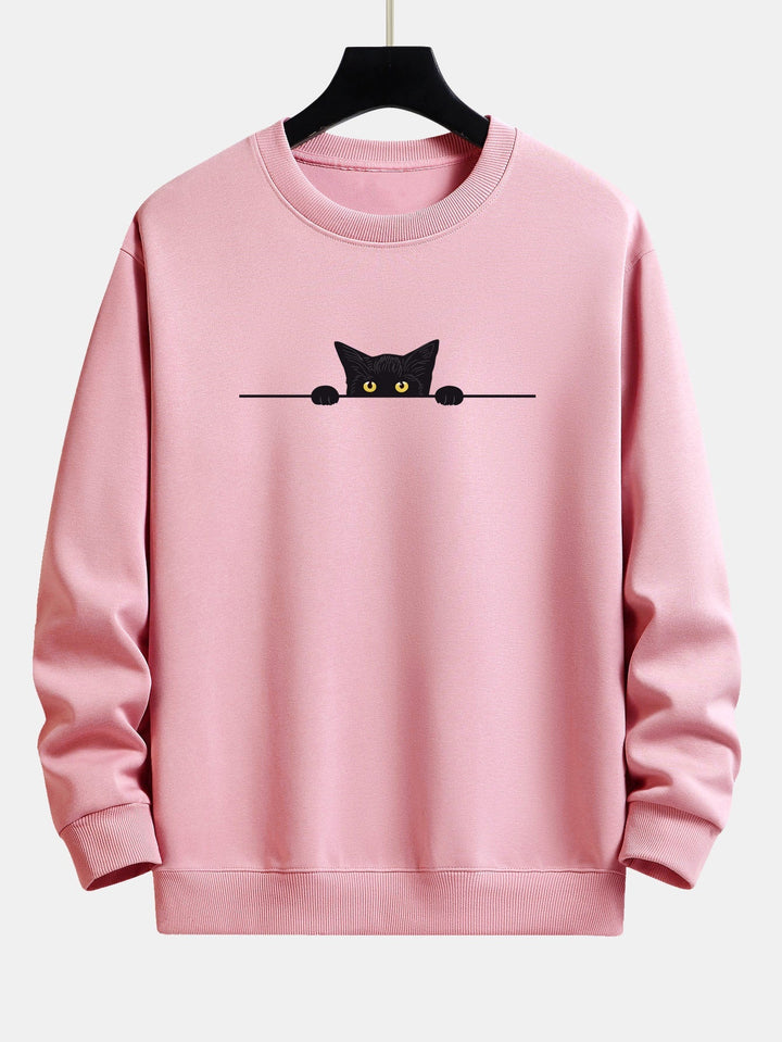Relaxte Dames Sweater met Kattenprint en Geribde Boorden