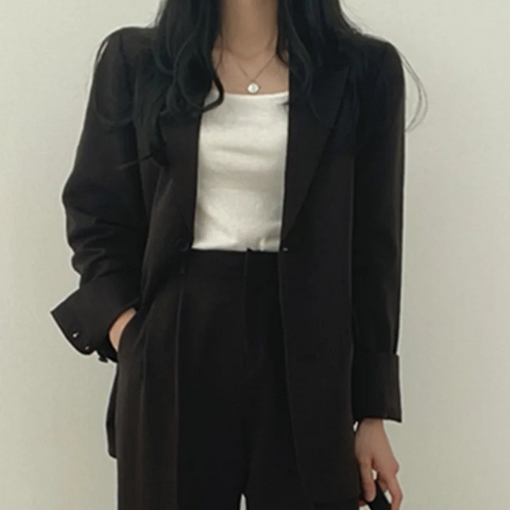 Gestructureerde en chique dames set met comfortabele blazer en broek