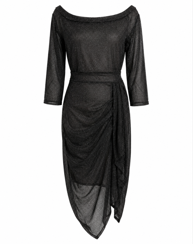 Stylish Women's Midi Dress with Off Shoulder Neckline and High Slit