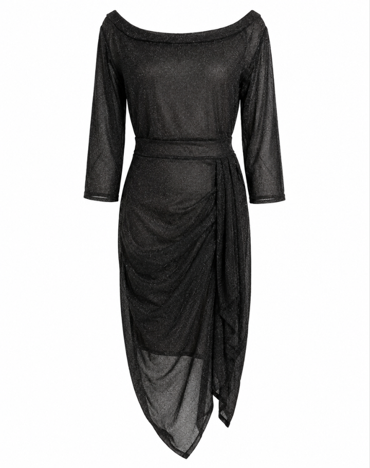 Stylish Women's Midi Dress with Off Shoulder Neckline and High Slit