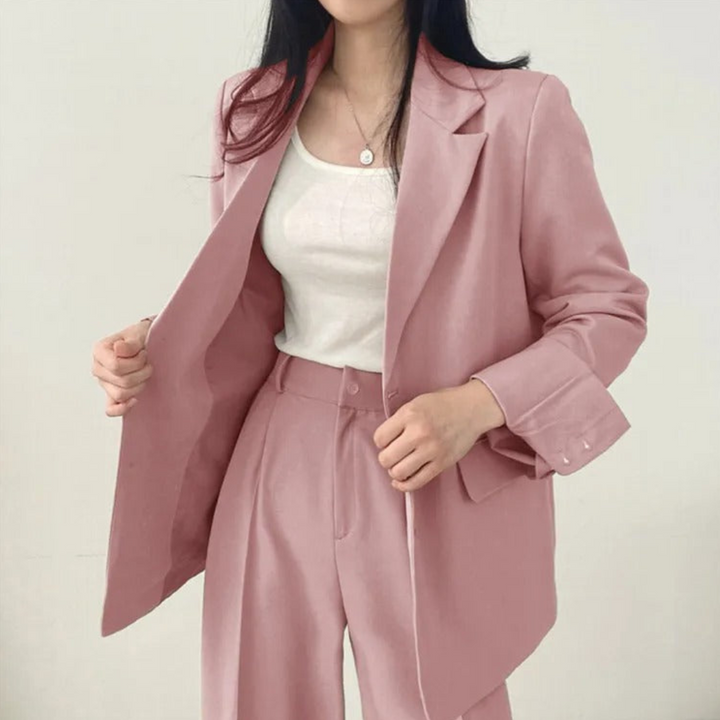 Gestructureerde en chique dames set met comfortabele blazer en broek
