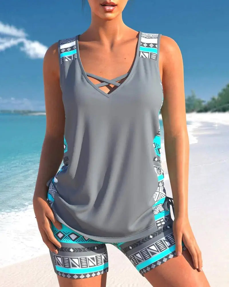 V-Neck Tankini Set with Geometric Shorts for Women