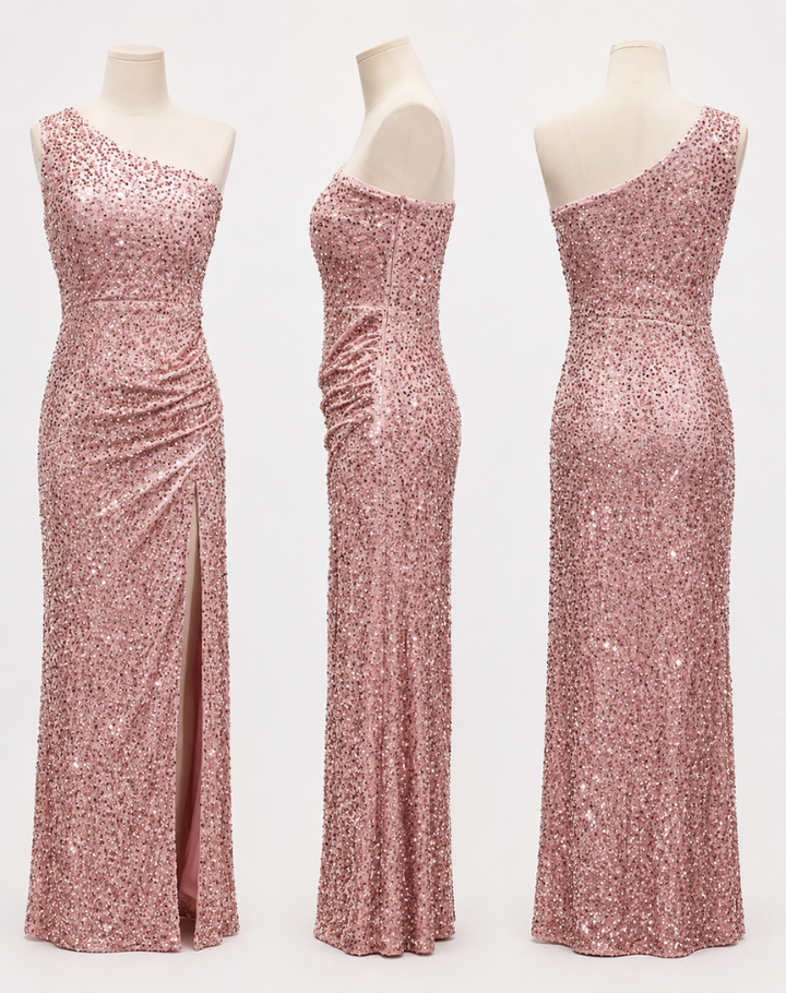 Glitterende Dames Gala Maxi Jurk met One Shoulder En Hoge Split