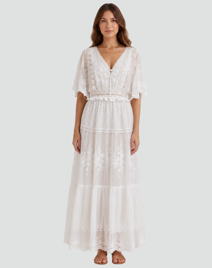 Elegante Zomerse Witte Boho Maxi Jurk Dames met Kant en Knopen