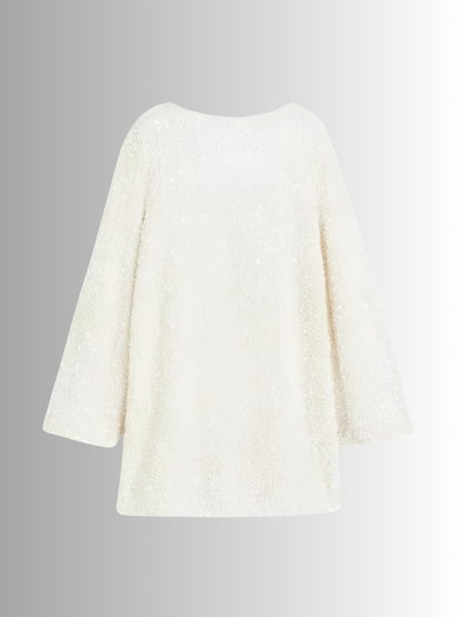 Witte Glitter Dames Mini Jurk met Lange Mouwen en Strik