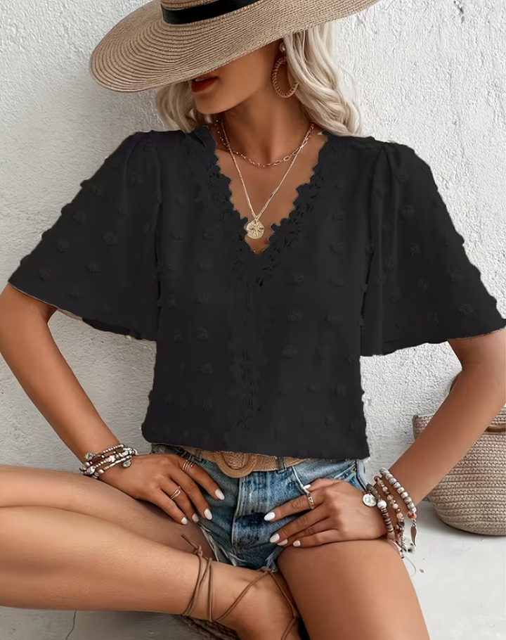 Zomerse Dames Blouse Met V Hals En Kant Korte Mouwen