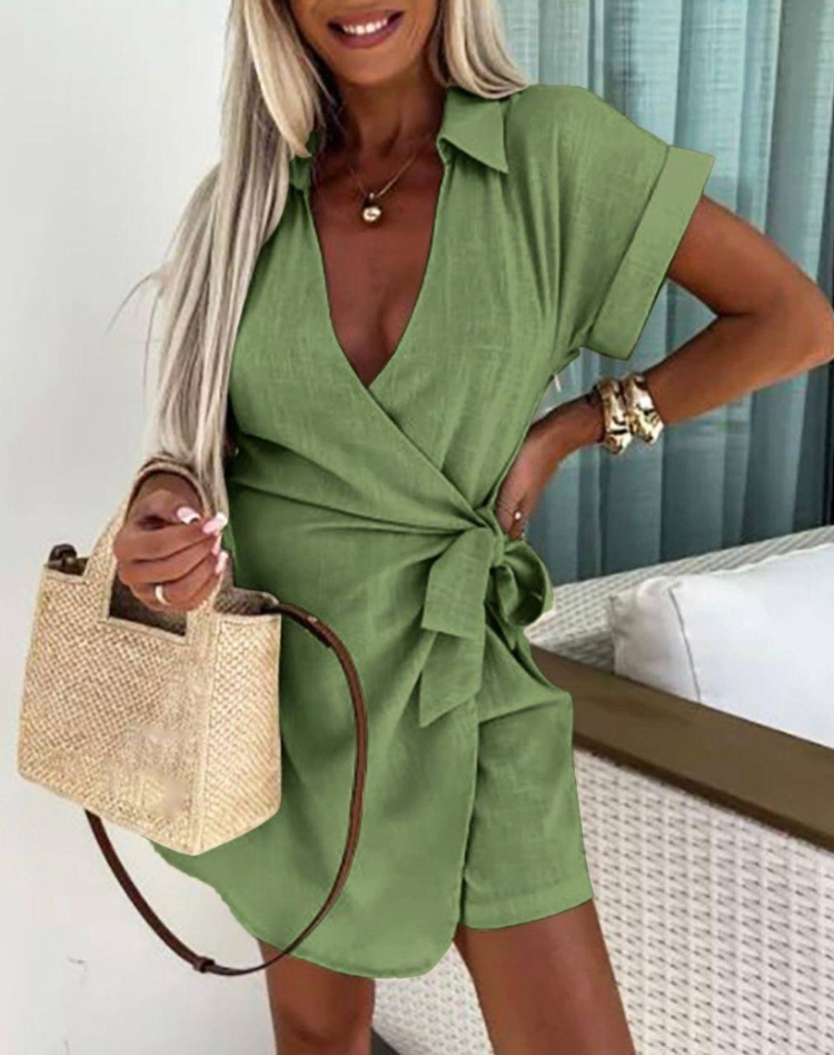 Summer Women’s Playsuit with Wrap Closure and Short Sleeves