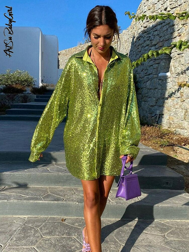 Oversized Pailletten Dames Blouse met Knoopsluiting en Lange Mouwen