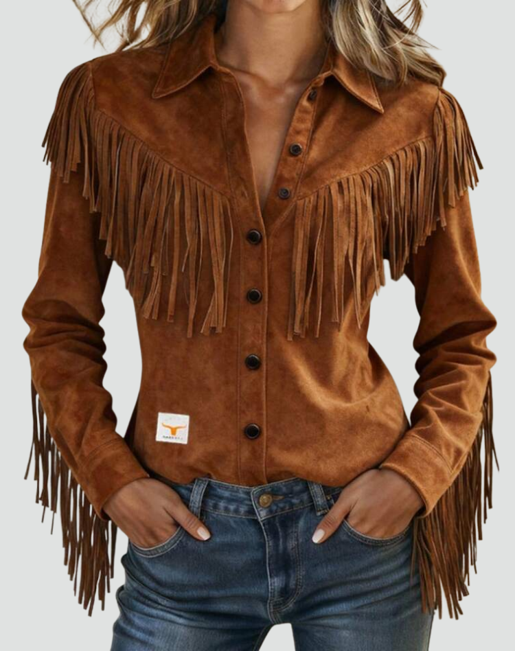 Top de soirée pour dames avec franges et aspect denim