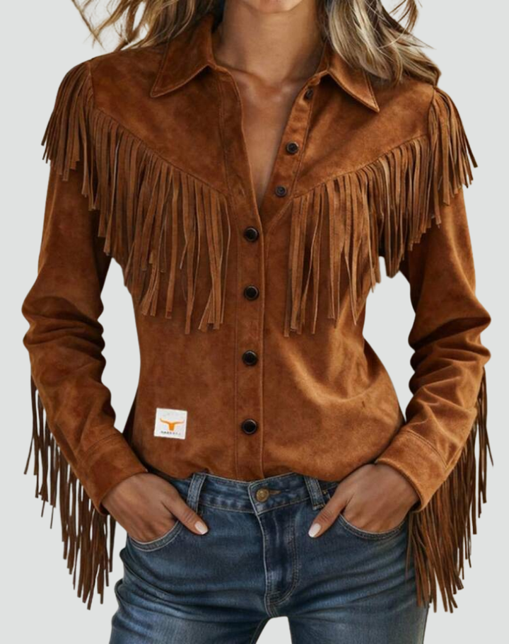Dames Avondtop met Franje en Denim Look