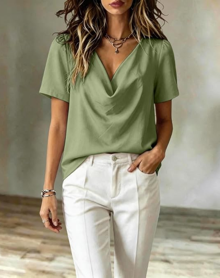 Chiffon Blouse with V-neck and Short Sleeves for Women