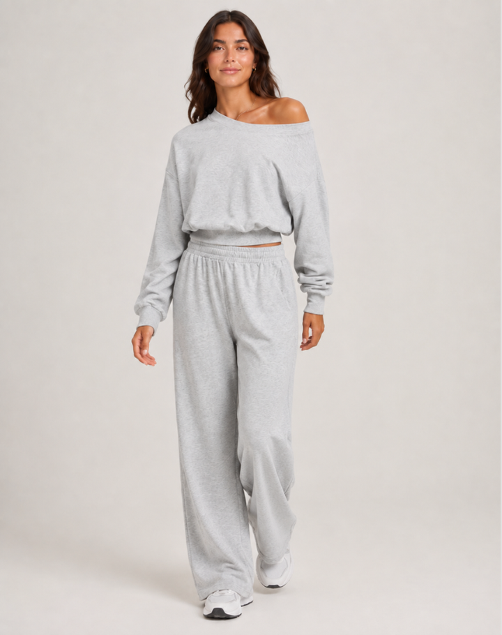 Trendy Dames Loungewear Set Met Off Shoulder Top En Wijde Pijpen