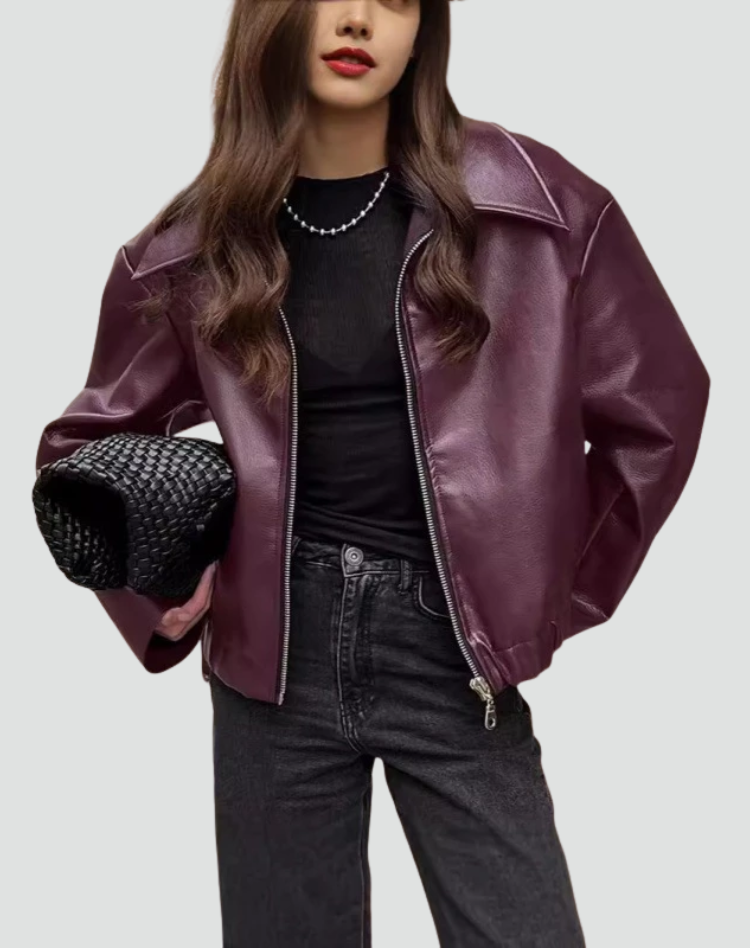 Bomber Femme Oversize Stylé en Cuir avec Fermeture Éclair et Col Classique