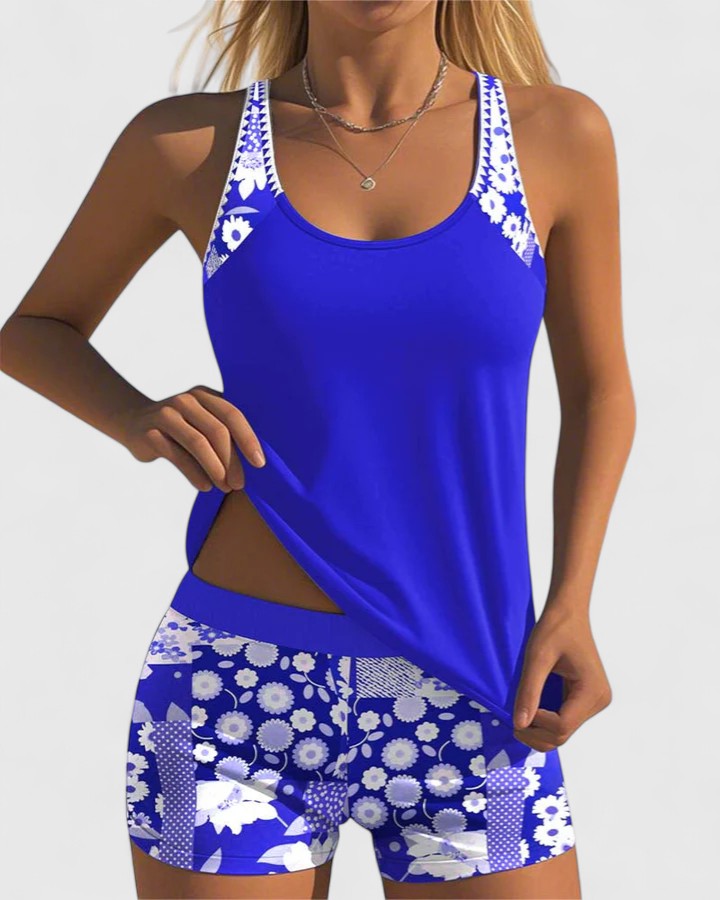 Damski zestaw tankini z topem bez rękawów i szortami w kwiatowy wzór