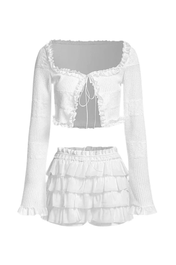 Ensemble coordonné élégant blanc pour femmes avec haut à volants et mini-jupe