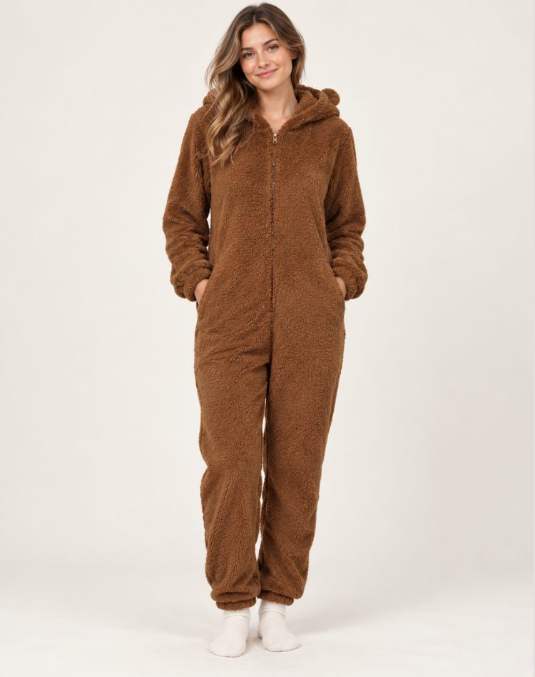 Stijlvolle Winterse Fleece Onesie met Capuchon en Rits voor Vrouwen