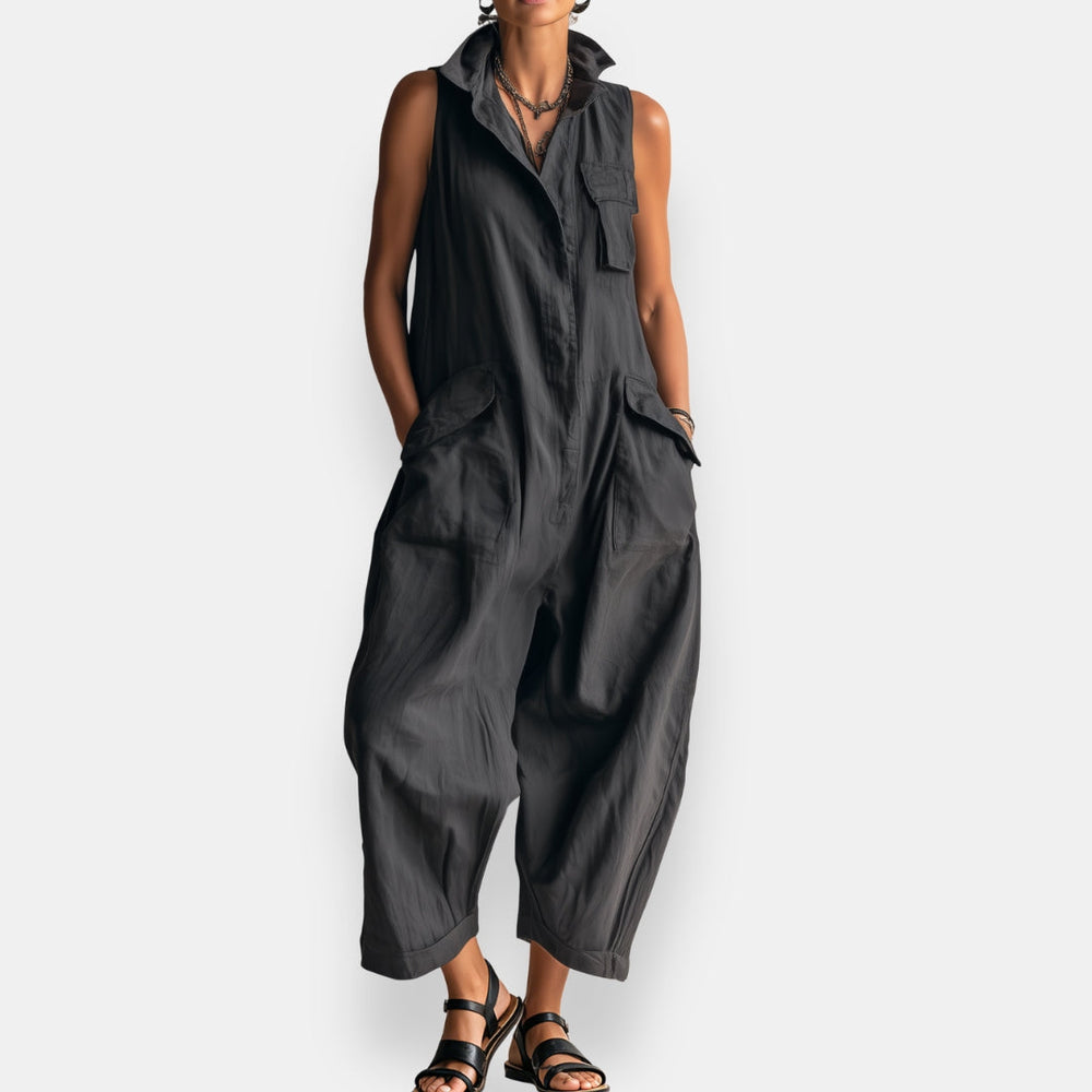 Dames Cargo Jumpsuit Zonder Mouwen met Verfijnde Kraag