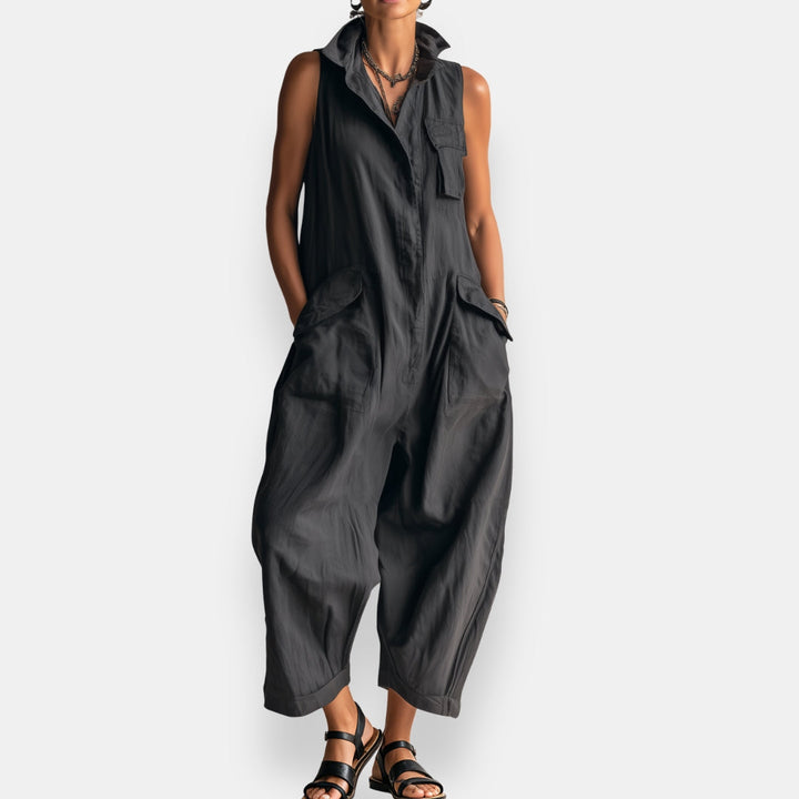 Dames Cargo Jumpsuit Zonder Mouwen met Verfijnde Kraag