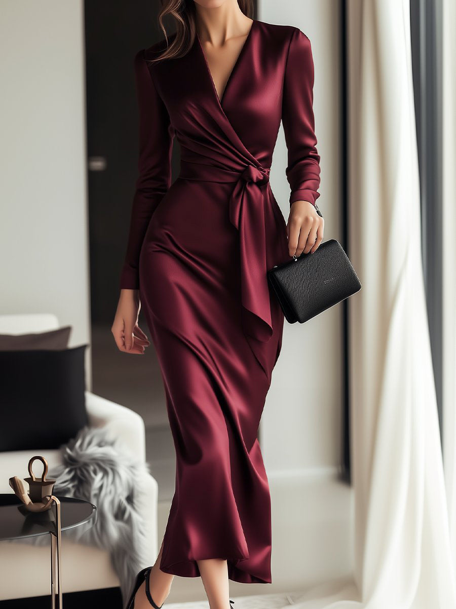 Luxe Satijnen Bordeaux Gala Midi Jurk Met Overslag En Ceintuur