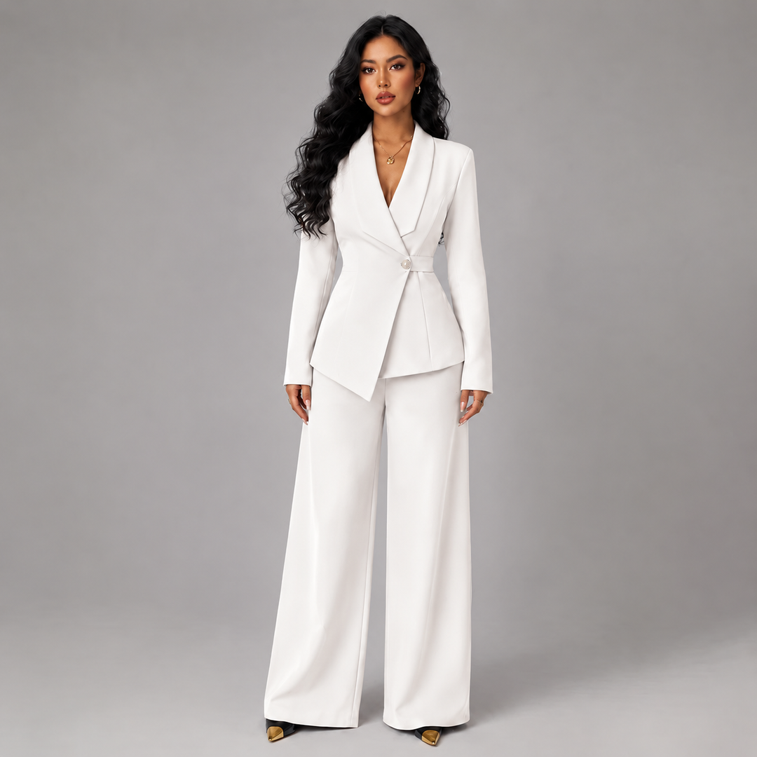 Tailored women's suit set with a wrap blazer and wide-leg trousers