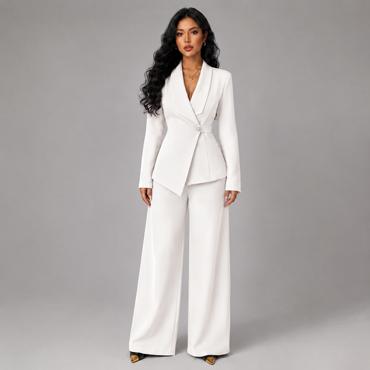 Tailored women's suit set with a wrap blazer and wide-leg trousers