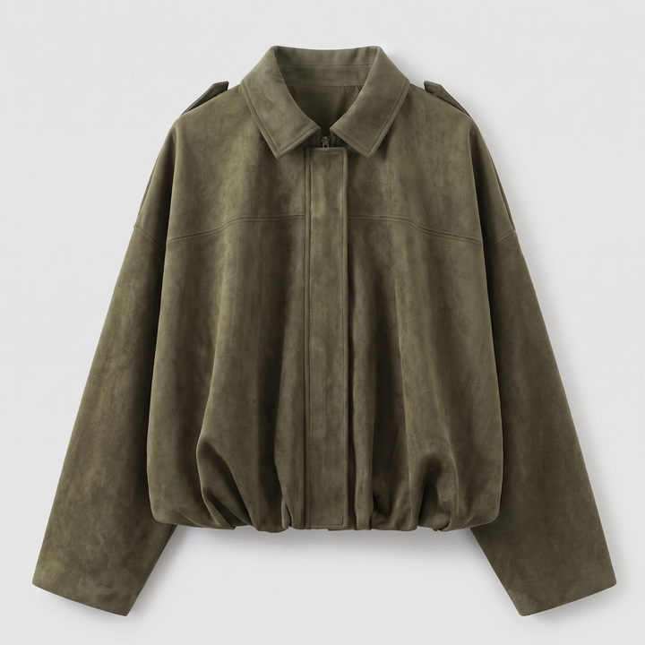 Cropped Suède Dames Bomberjack met Epauletten en Ritssluiting