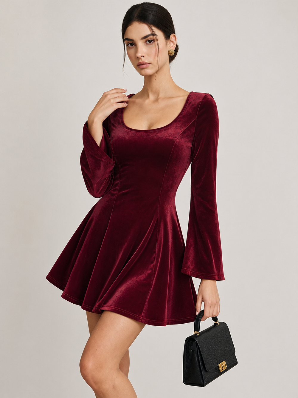 Elegant Red A-line Velvet Women's Mini Dress with Long Sleeves