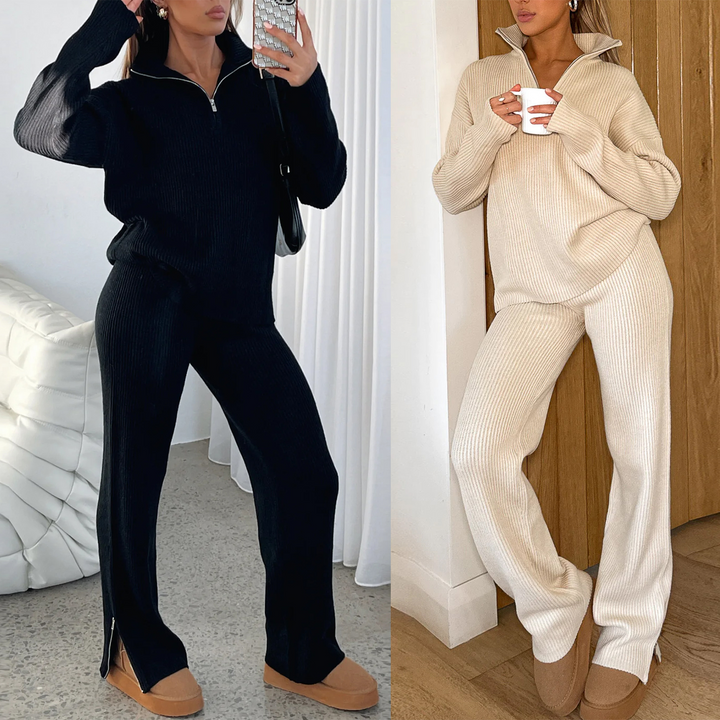 Kim | Knitted Set with Flared Pants and Zip Sweater
