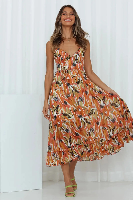 Albina | Zomerse Midi Jurk met Abstracte Print en Spaghettibandjes